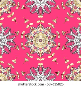 Seamless classic vector pink and golden pattern. Traditional orient ornament with white doodles. Classic vintage background.