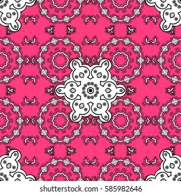 Seamless classic vector pink and white pattern. Traditional orient ornament with white doodles. Classic vintage background.