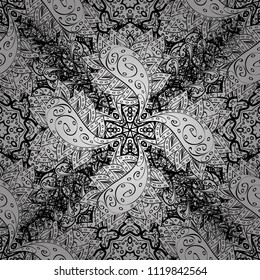 Seamless classic vector white, black and gray and cute pattern. Traditional orient ornament with white doodles. Classic vintage background.