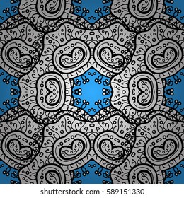 Seamless classic vector white pattern. Traditional orient ornament. Classic vintage background. Golden pattern on blue background with white elements.
