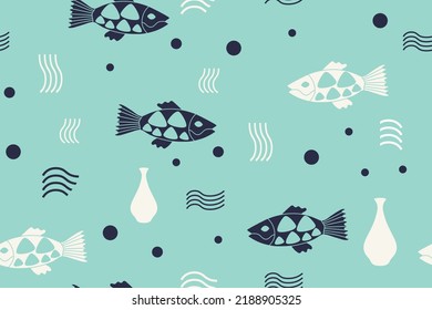 Patrón de arte vintage clásico sin inconfundibles con peces sobre fondo azul de teal claro. 