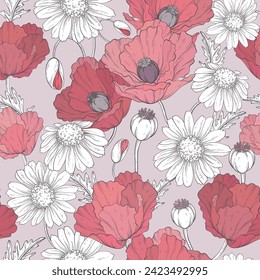 Patrón vintage clásico sin inconvenientes con adormidera de flores silvestres y camomila, fondo floral. Ilustración del vector