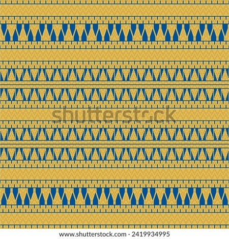 Seamless Classic Weaving pattern from Lampung Indonesia,  Tenun pattern of Tapis Lampung  Geometric Pattern Blue On Gold Yellow Background