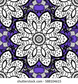 Seamless classic white pattern. Vector traditional orient ornament. Golden pattern on violet background with white elements.