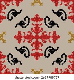Padrão de repetição glamourosa medieval sem costura com padrão de ornamento de ouro preto vermelho. Elaborar Flourish Luxury Canvas em Tan Bege Fundo para Decoração de Motivo Papel de Parede Telhas Interiores Cerâmica