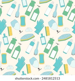 Seamless cleaning supplies pattern with a soft color palette of blues, greens, and yellows, featuring items like spray bottles, gloves, sponges, and soap suds. Vector outline illustration.