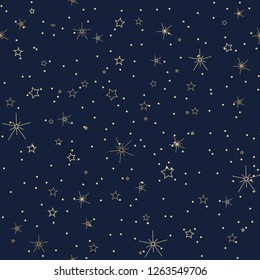 Seamless clear night sky pattern with golden stars and dark blue background. Eps 10.