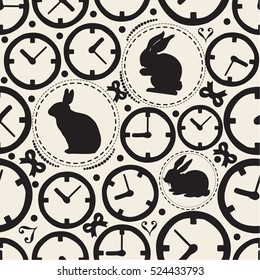 SEAMLESS CLOCK  WITH RABBIT PATTERN BACKGROUND , WONDERLAND THEME