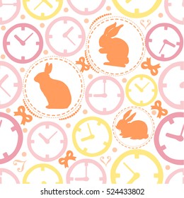 SEAMLESS CLOCK  WITH RABBIT PATTERN BACKGROUND , WONDERLAND THEME