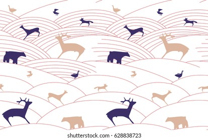 Seamless closed pattern with wild animals. Forest pattern. Natural ornament. Children's pattern.Background for textile or book covers, manufacturing, wallpapers, print, gift wrap. Vector illustration
