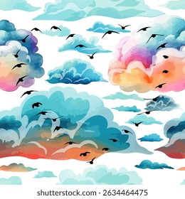 Seamless cloud background with birds hand drawing. Not AI, Vector illustration.