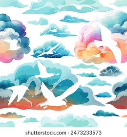 Fondo de nubes sin fisuras con gaviotas. dibujo a mano. AI no, Ilustración vectorial.