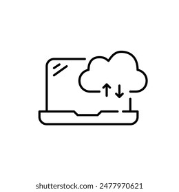 Conectividad perfecta en la nube, gestión de archivos digitales. Portátil, nube con flechas arriba y abajo. Icono de píxel perfecto