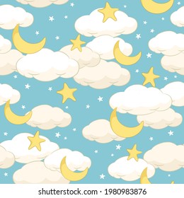 Seamless Cloud Moon Star Pattern With Turquoise Green Color Starry Sky Background
