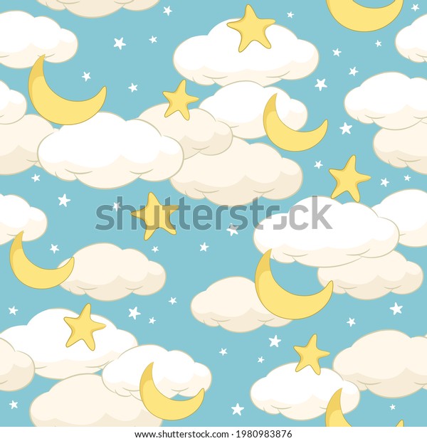 Seamless Cloud Moon Star Pattern With\
Turquoise Green Color Starry Sky\
Background\
