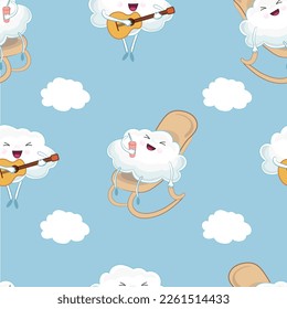 Seamless cloud pattern. Cute cartoon cloud in a rocking chair with a drink in hand. Vector illustration. Kawaii style.