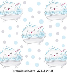 Seamless cloud pattern. Cute cartoon cloud bathing in the bathroom. Vector illustration. Kawaii style.