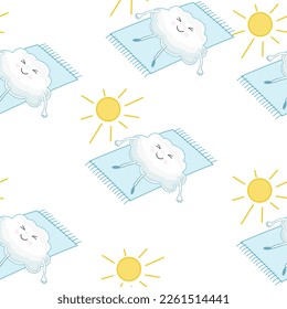 Seamless cloud pattern. Cute cartoon cloud lying and sunbathing, relaxed. Vector illustration. Kawaii style.