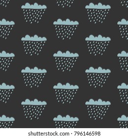 Seamless cloud pattern with drops of rain on dark background. Vector Illustration