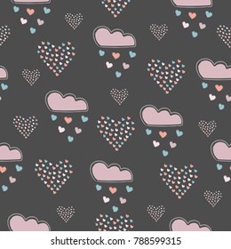 Seamless cloud pattern with hearts on dark background. Vector Illustration