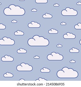 Seamless cloud pattern with strokes on a light blue background. Simple pattern. Vector illustration