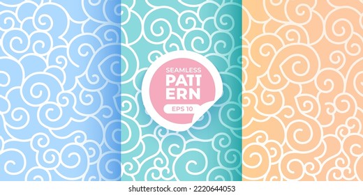 Seamless clouds pattern. Bright colorful background. White, blue, gree, yellow color backdrop. Water waves. Sea or ocean. Simple cartoon design. Flat style vector illustration.