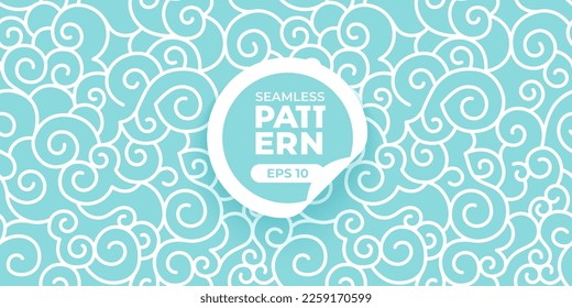 Seamless clouds pattern. Bright colorful background. White, blue, green color backdrop. Water waves. Sea or ocean. Simple cartoon design. Flat style vector illustration.
