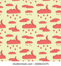 seamless clouds, rain and moon pattern vector illustration