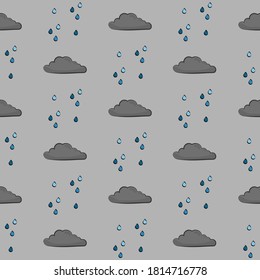 Seamless clouds and raindrops pattern vector illustration on grey background 