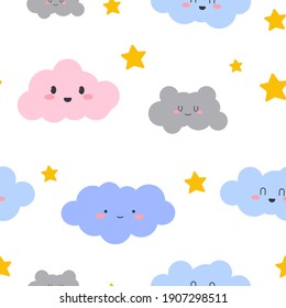 Seamless clouds smiling face pattern.  Vector design for paper, cover, wallpaper, 
fabric, textile, interior decor and other project.