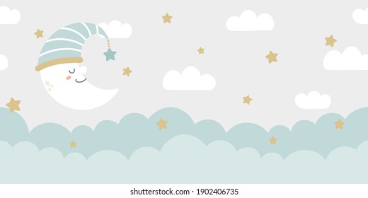 Seamless Clouds, Stars, And Crescent Background In Pale Pastel Colors. For Nursery Room Wallpaper, Decoration, Web Banners, Headers, Etc.    