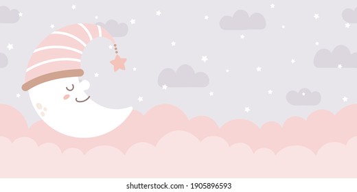 Seamless clouds, stars, and crescent background in pale pastel colors. For nursery room wallpaper, decoration, web banners, headers, etc.    