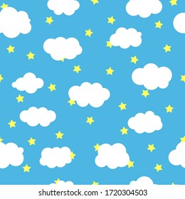 Seamless clouds with yellow star on blue background. Floating clouds. Vector illustration.