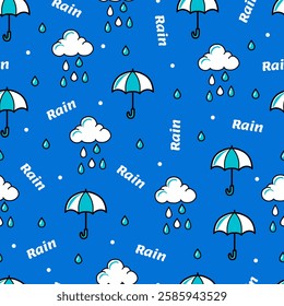 Seamless Cloudy Weather with Raindrop and Umbrella. Ideal for seasonal designs, digital backgrounds, stationery, or fashion, it brings a touch of whimsy and tranquility to any project.