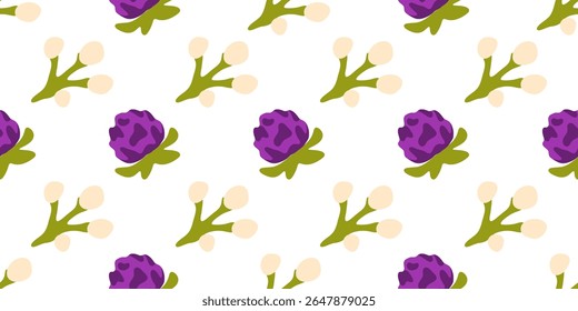 Seamless Clover Berry Pattern. Seamless pattern with purple clover flowers and creamy berries on white background. Flat style with fresh natural colors.