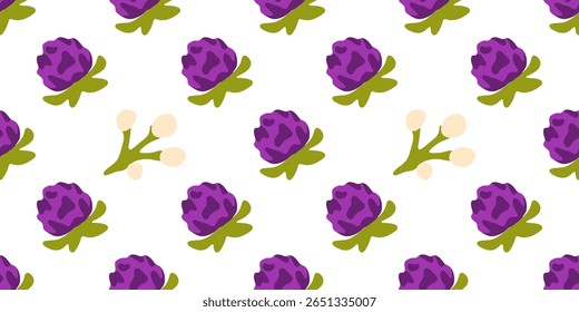 Seamless Clover Flower Pattern Design. Flat seamless pattern with stylized purple clover flowers and soft beige accents on white background. Simple bold shapes.