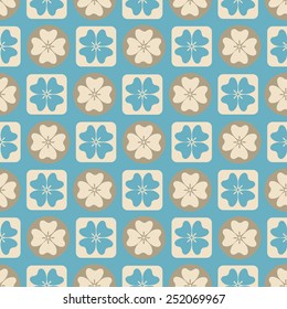 Seamless clover pattern with circles and squares in blue and beige. Abstract  floral pattern. Vector
