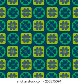 Seamless clover pattern with circles and squares in blue and green colors. Abstract  floral pattern. Vector