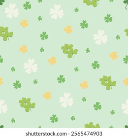 Seamless Clover Pattern in Green and Yellow Tones. St Patrick's Day Clover Background Design. Green and Yellow Four-Leaf Clover Seamless Pattern
