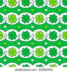 Seamless clover pattern with hearts in green and white. Vector