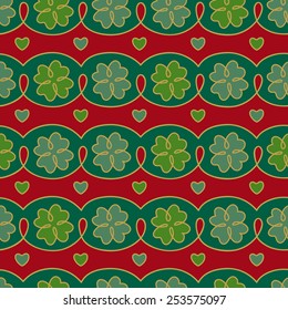Seamless clover pattern with hearts in green and red colors. Vector
