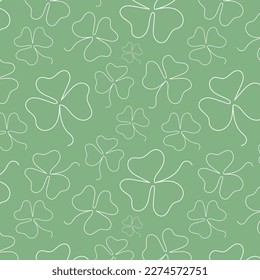 Seamless clover pattern on St. Patrick's Day. Vector illustration for spring design with shamrock. Green clover on a green background. A pattern with the symbol of Ireland. Irish decor.