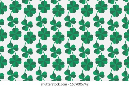 Seamless clover pattern. Print with shamrocks in green and grey colors. Vector festive holiday background for St. Patrick’s day design. Minimal textile, fabric, wrapping paper, banner