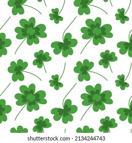 Seamless Clover Pattern. Clover pattern for Saint Patrick's Day. Clover pattern with three and four leaf. Chaotic shamrocks pattern. 