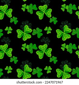 Seamless clover vector background for St. Patrick's Day. Green clover leaves of different sizes on a black background. illustration with the symbol of Ireland.