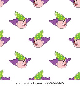 Seamless clown pattern with repeating happy purple faces, green hats, white background texture for fabric, wallpaper, wrapping paper, kids clothing print