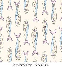 Padrão de peixe costeiro sem costura em estilo de vetor náutico pastel para o papel de parede de tecido de verão embalagem e design de superfície marinha