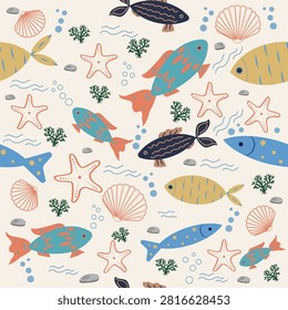 Seamless Coastal Pattern with Fish, Shells and Starfish. Decorative beach-inspired pattern combining tropical fish, seashells and starfish in a soft color palette. Suitable for fabrics, packaging and stationery