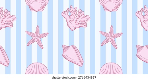 Seamless coastal pattern with hand drawn coral, starfish, sea shells elements in line drawing art style. Marine blue striped background. Summer design print for textile, wrapping paper, fabric.
