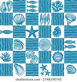 Seamless Coastal Pattern with Shells Fish Coral Starfish Nautilus Ocean Decorative Background